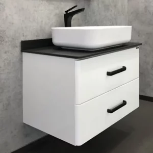 Тумба подвесная Comforty Амстердам 75 + раковина + черная матовая столешница Белый глянцевый 00-00004668CF